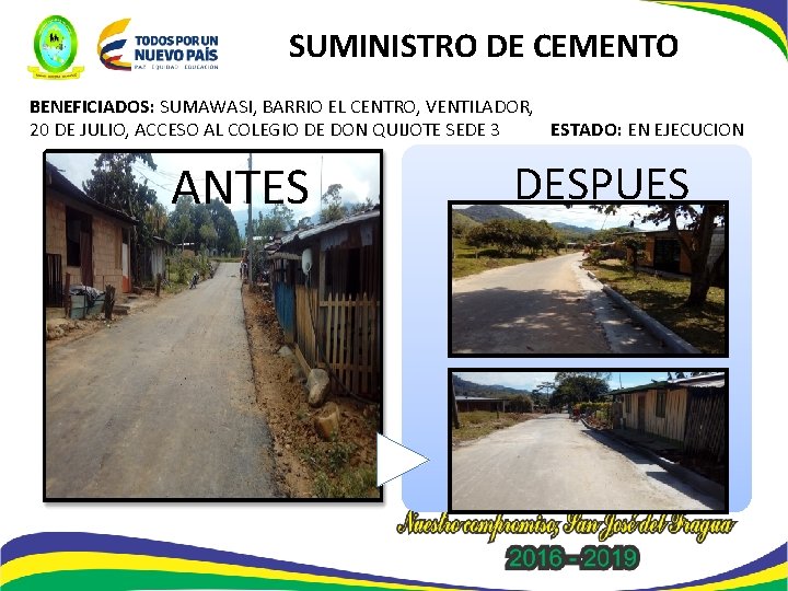 SUMINISTRO DE CEMENTO BENEFICIADOS: SUMAWASI, BARRIO EL CENTRO, VENTILADOR, 20 DE JULIO, ACCESO AL