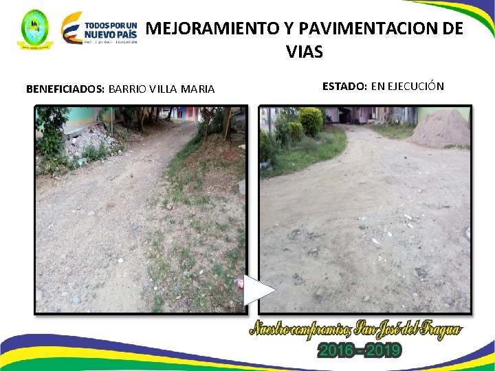 MEJORAMIENTO Y PAVIMENTACION DE VIAS BENEFICIADOS: BARRIO VILLA MARIA ESTADO: EN EJECUCIÓN 