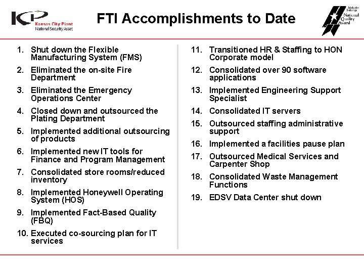 FTI Accomplishments to Date 1. Shut down the Flexible Manufacturing System (FMS) 11. Transitioned FTI Accomplishments to Date 1. Shut down the Flexible Manufacturing System (FMS) 11. Transitioned