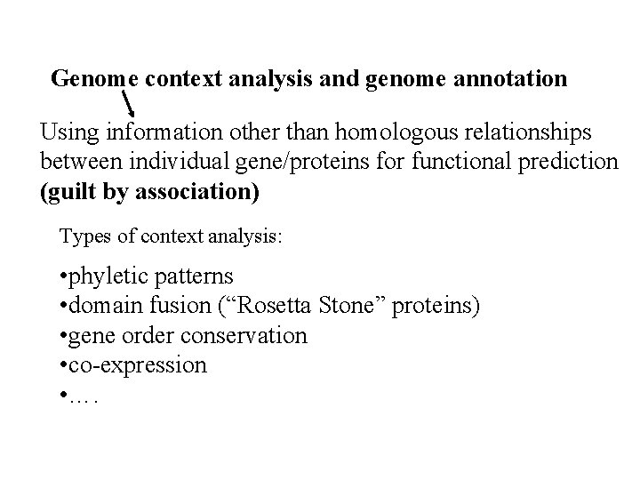Genome context analysis and genome annotation Using information other than homologous relationships between individual