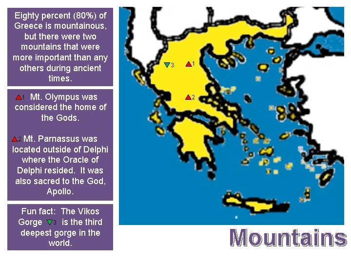 Eighty percent (80%) of Greece is mountainous, but there were two mountains that were
