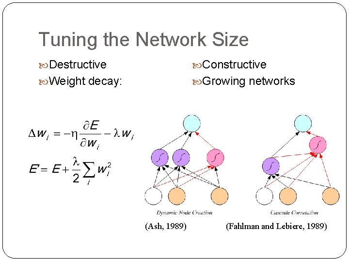 Tuning the Network Size Destructive Constructive Weight decay: Growing networks (Ash, 1989) 30 (Fahlman