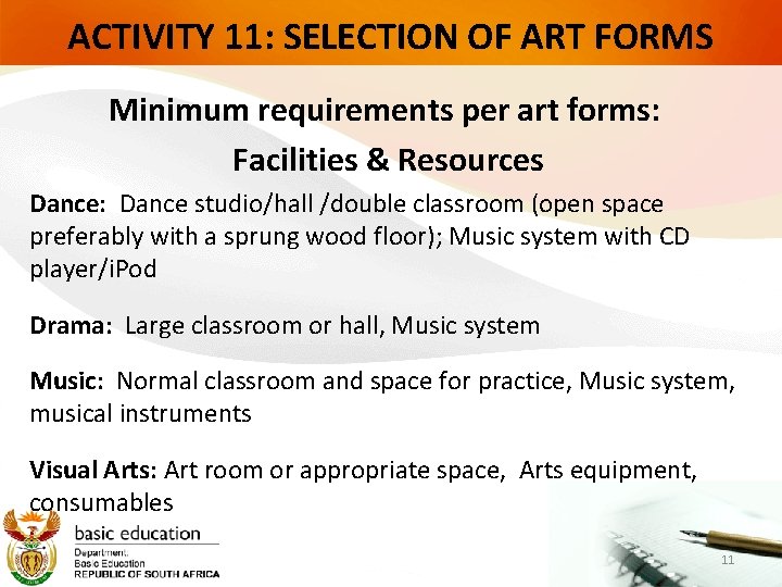 ACTIVITY 11: SELECTION OF ART FORMS Minimum requirements per art forms: Facilities & Resources