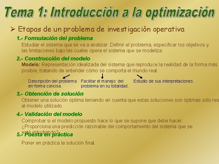 Ø Etapas de un problema de investigación operativa 1. - Formulación del problema Estudiar