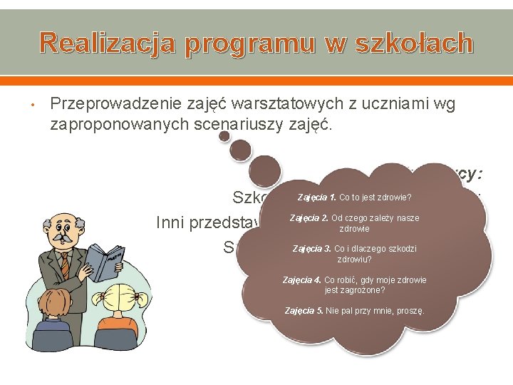 Realizacja programu w szkołach • Przeprowadzenie zajęć warsztatowych z uczniami wg zaproponowanych scenariuszy zajęć.