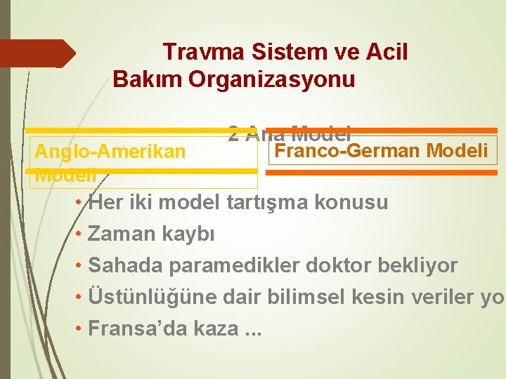 Travma Sistem ve Acil Bakım Organizasyonu Anglo-Amerikan Modeli 2 Ana Model Franco-German Modeli •