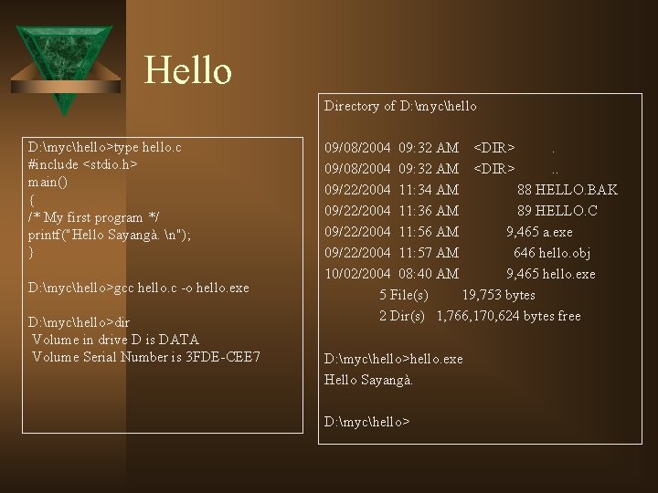 Hello Directory of D: mychello>type hello. c #include <stdio. h> main() { /* My