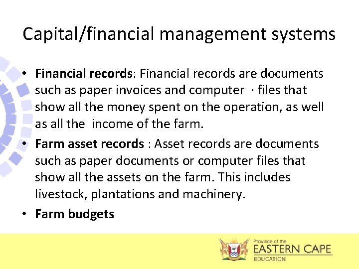 Capital/financial management systems • Financial records: Financial records are documents such as paper invoices