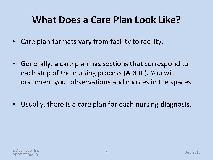 What Does a Care Plan Look Like? • Care plan formats vary from facility