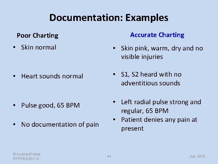 Documentation: Examples Accurate Charting Poor Charting • Skin normal • Skin pink, warm, dry