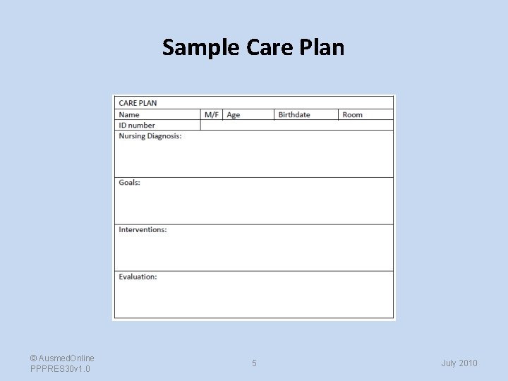 Sample Care Plan © Ausmed. Online PPPRES 30 v 1. 0 5 July 2010