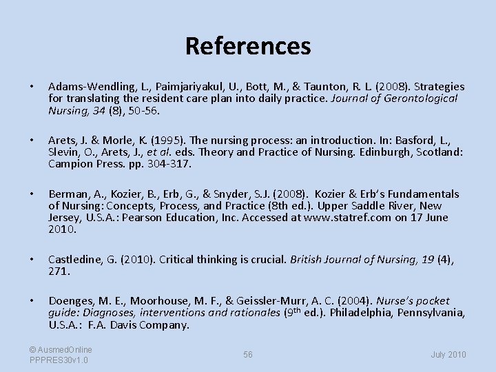 References • Adams-Wendling, L. , Paimjariyakul, U. , Bott, M. , & Taunton, R.
