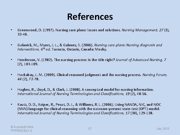 References • Greenwood, D. (1997). Nursing care plans: Issues and solutions. Nursing Management, 27