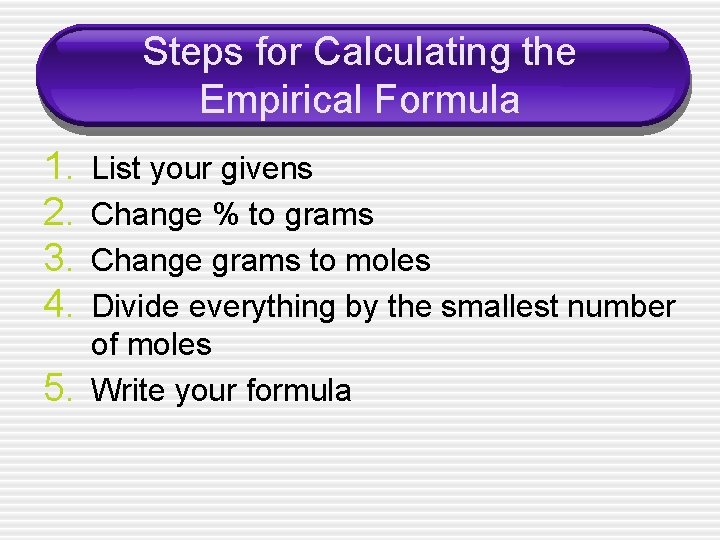 Steps for Calculating the Empirical Formula 1. 2. 3. 4. 5. List your givens