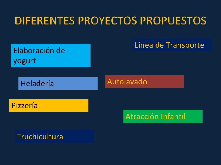 DIFERENTES PROYECTOS PROPUESTOS Elaboración de yogurt Heladería Línea de Transporte Autolavado Pizzería Atracción Infantil