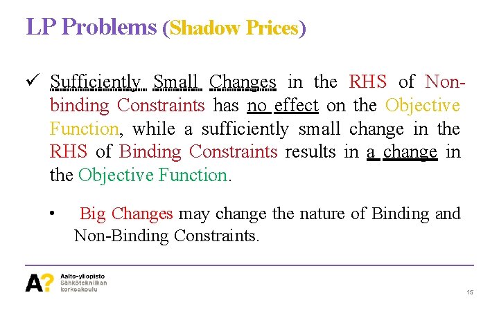 LP Problems (Shadow Prices) ü Sufficiently Small Changes in the RHS of Nonbinding Constraints