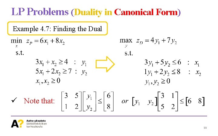 LP Problems (Duality in Canonical Form) Example 4. 7: Finding the Dual ü Note