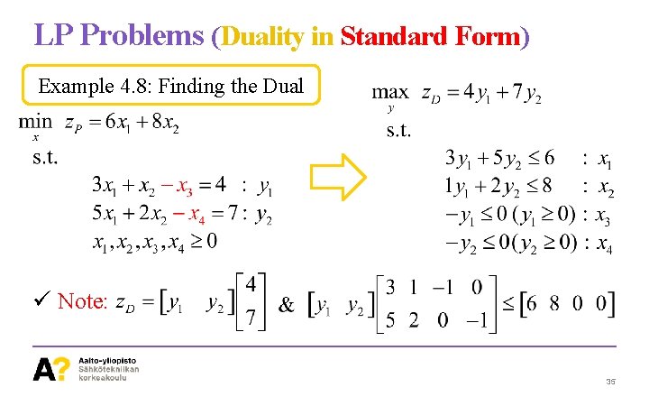 LP Problems (Duality in Standard Form) Example 4. 8: Finding the Dual ü Note: