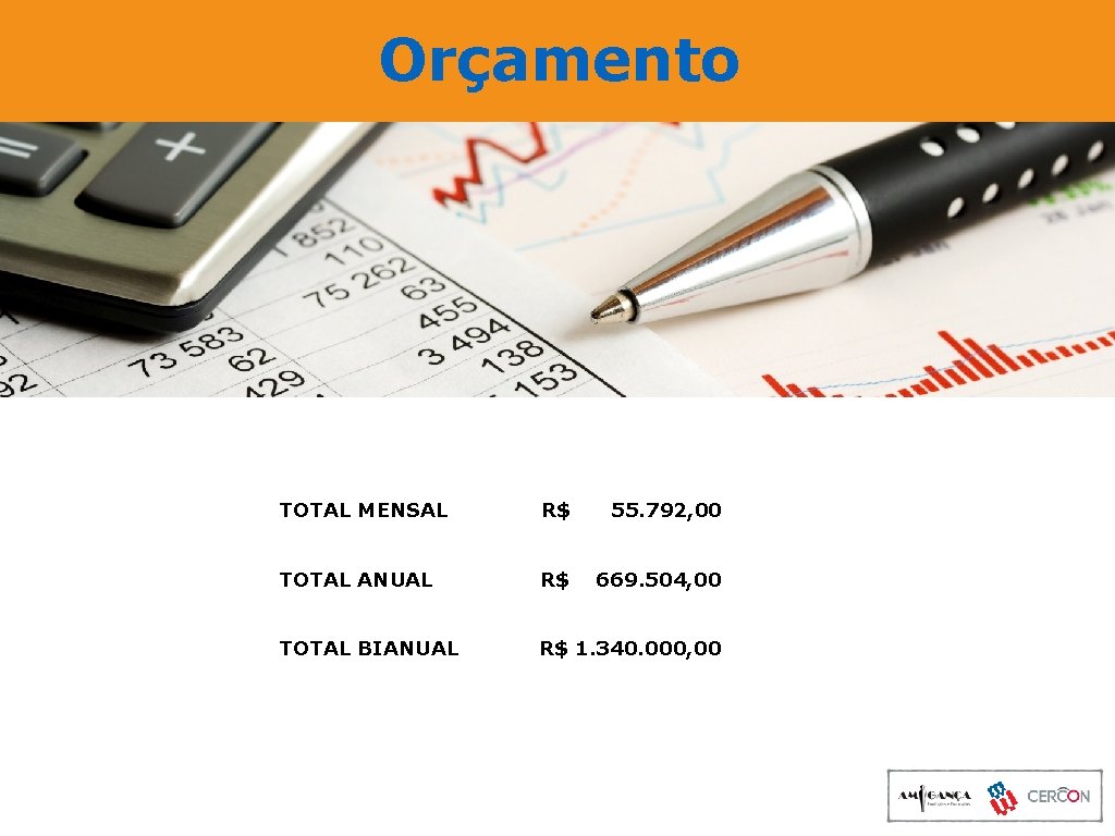 Orçamento TOTAL MENSAL R$ 55. 792, 00 TOTAL ANUAL R$ 669. 504, 00 TOTAL