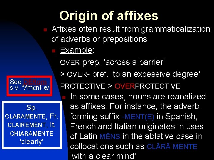 Origin of affixes Affixes often result from grammaticalization of adverbs or prepositions n Example: