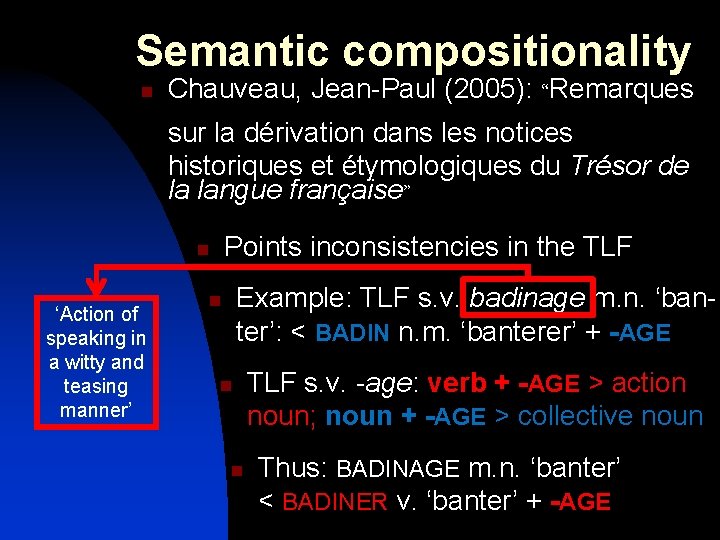 Semantic compositionality n Chauveau, Jean-Paul (2005): “Remarques sur la dérivation dans les notices historiques