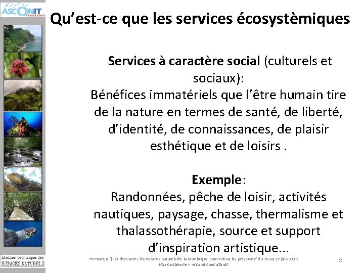 Qu’est-ce que les services écosystèmiques Services à caractère social (culturels et sociaux): Bénéfices immatériels
