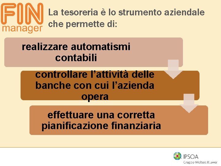 La tesoreria è lo strumento aziendale che permette di: realizzare automatismi contabili controllare l’attività