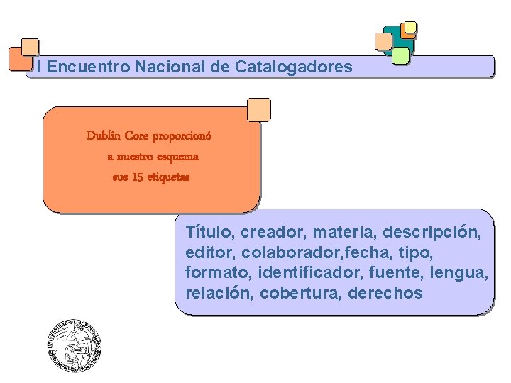 I Encuentro Nacional de Catalogadores Dublin Core proporcionó a nuestro esquema sus 15 etiquetas