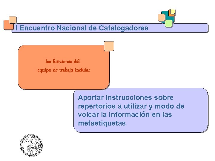 I Encuentro Nacional de Catalogadores las funciones del equipo de trabajo incluía: Aportar instrucciones