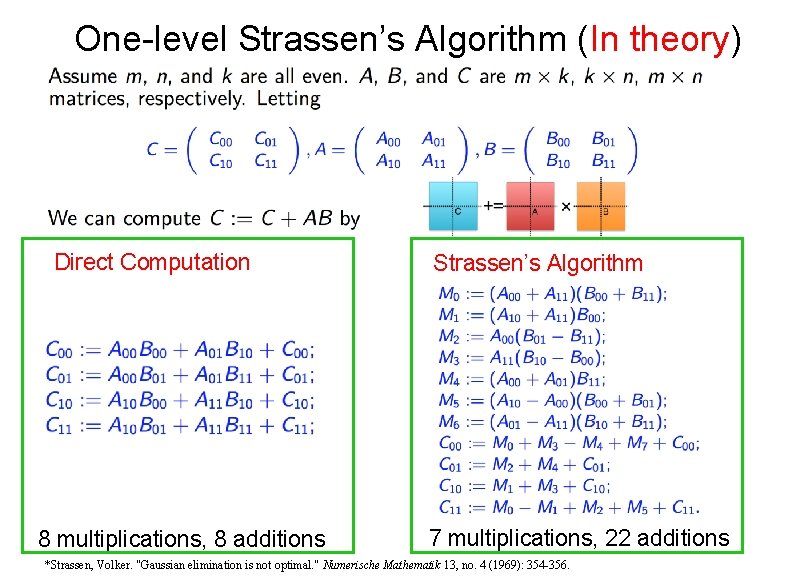 One-level Strassen’s Algorithm (In theory) Direct Computation 8 multiplications, 8 additions Strassen’s Algorithm 7