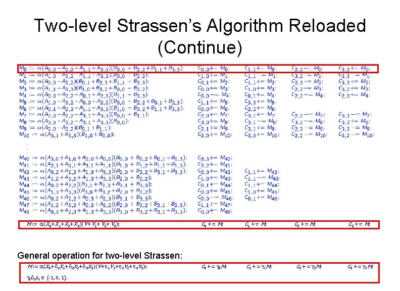 Two-level Strassen’s Algorithm Reloaded (Continue) M : = a(X 0+X 1+X 2+X 3)(V+V 1+V