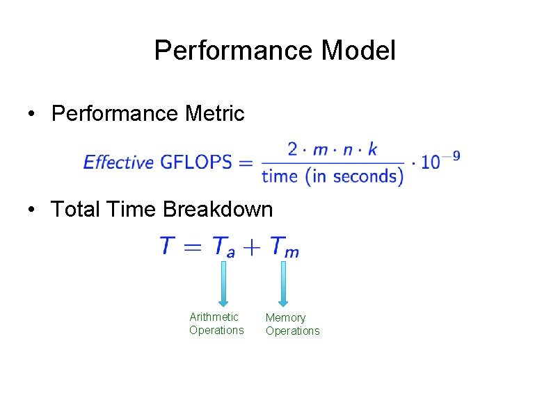 Performance Model • Performance Metric • Total Time Breakdown Arithmetic Operations Memory Operations 