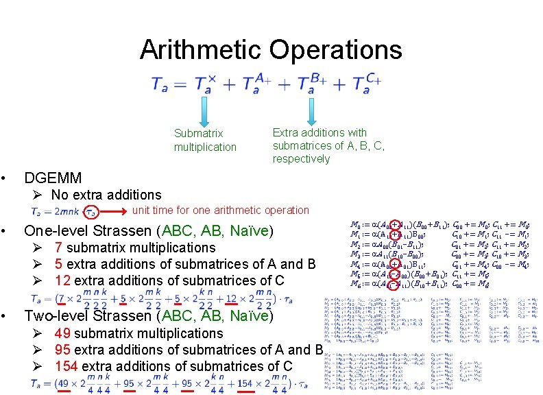 Arithmetic Operations Submatrix multiplication • Extra additions with submatrices of A, B, C, respectively