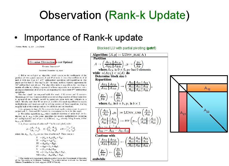 Observation (Rank-k Update) • Importance of Rank-k update Blocked LU with partial pivoting (getrf)