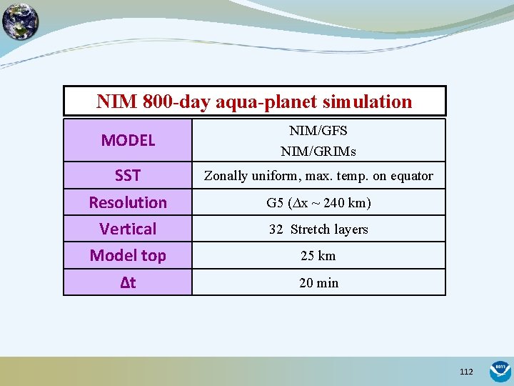 NIM 800 -day aqua-planet simulation MODEL NIM/GFS NIM/GRIMs SST Resolution Vertical Model top ∆t