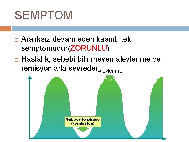 SEMPTOM Aralıksız devam eden kaşıntı tek semptomudur(ZORUNLU) Hastalık, sebebi bilinmeyen alevlenme ve remisyonlarla seyreder.