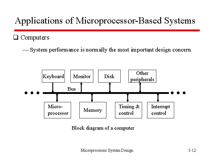 Applications of Microprocessor-Based Systems q Computers System performance is normally the most important design