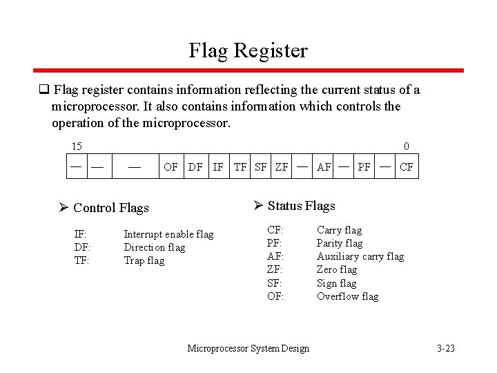 Flag Register q Flag register contains information reflecting the current status of a microprocessor.