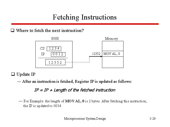 Fetching Instructions q Where to fetch the next instruction? 8088 CS IP 1234 0012