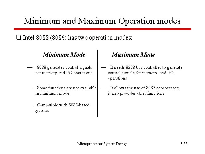 Minimum and Maximum Operation modes q Intel 8088 (8086) has two operation modes: Minimum