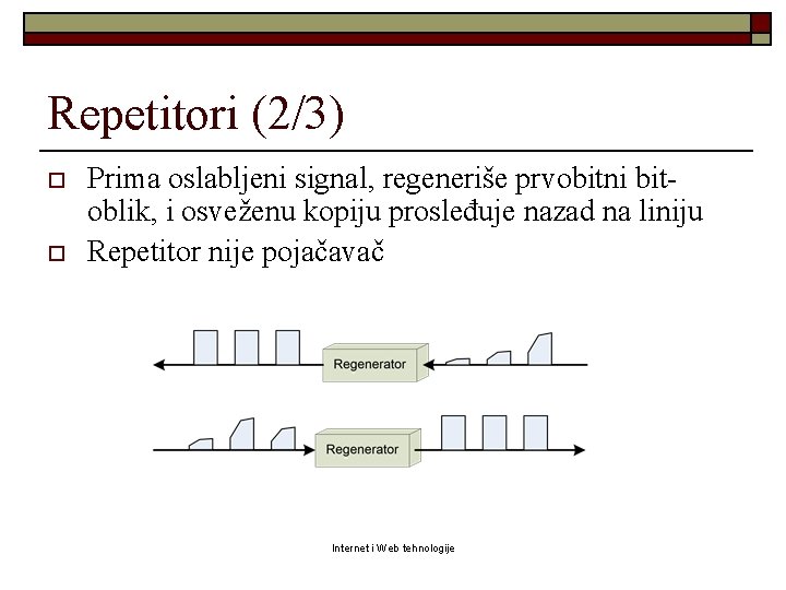 Repetitori (2/3) o o Prima oslabljeni signal, regeneriše prvobitni bitoblik, i osveženu kopiju prosleđuje