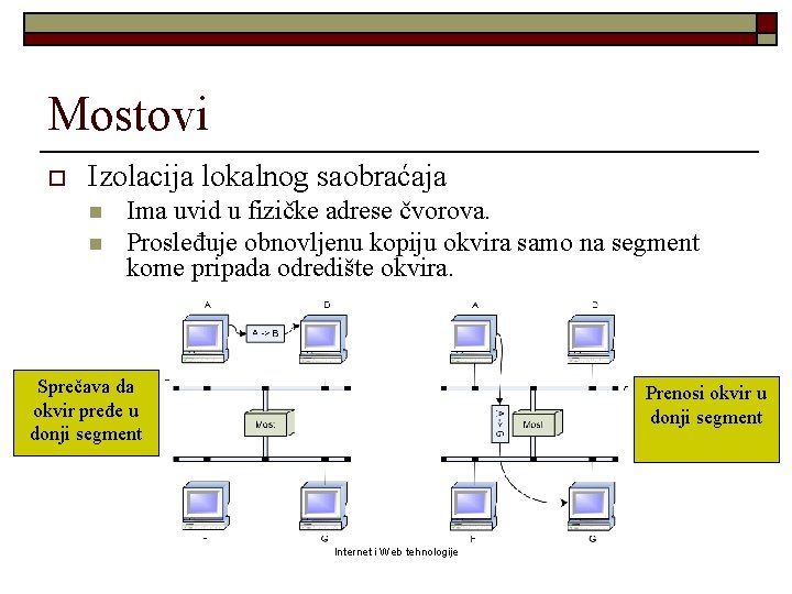 Mostovi o Izolacija lokalnog saobraćaja n n Ima uvid u fizičke adrese čvorova. Prosleđuje