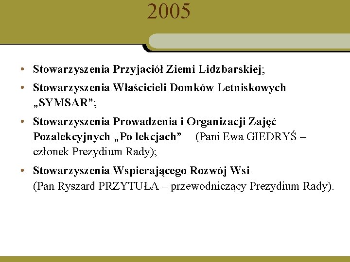 2005 • Stowarzyszenia Przyjaciół Ziemi Lidzbarskiej; • Stowarzyszenia Właścicieli Domków Letniskowych „SYMSAR”; • Stowarzyszenia
