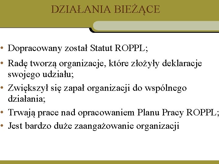 DZIAŁANIA BIEŻĄCE • Dopracowany został Statut ROPPL; • Radę tworzą organizacje, które złożyły deklaracje