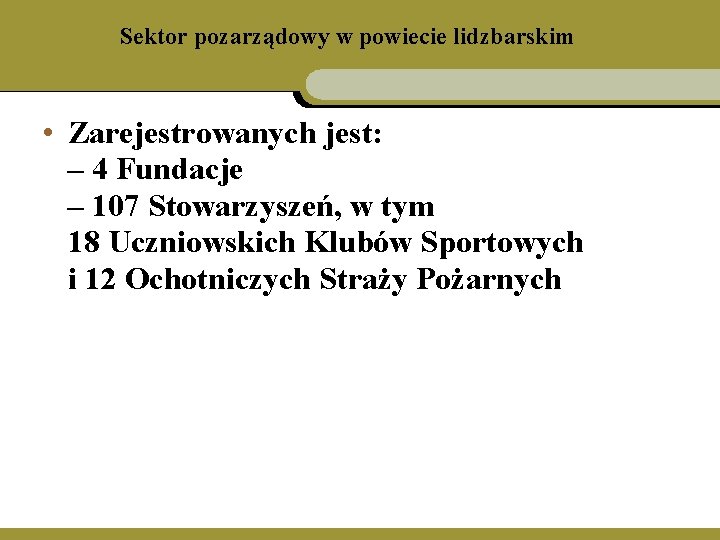 Sektor pozarządowy w powiecie lidzbarskim • Zarejestrowanych jest: – 4 Fundacje – 107 Stowarzyszeń,