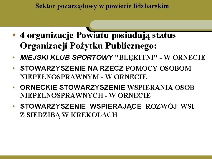 Sektor pozarządowy w powiecie lidzbarskim • 4 organizacje Powiatu posiadają status Organizacji Pożytku Publicznego: