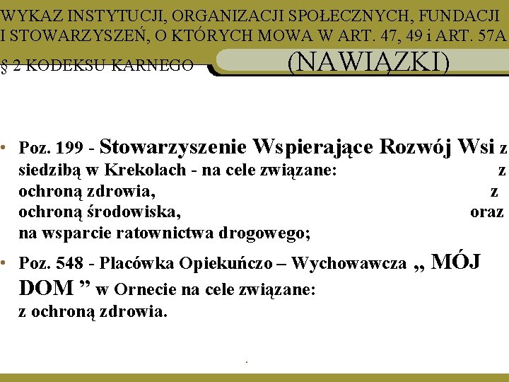 WYKAZ INSTYTUCJI, ORGANIZACJI SPOŁECZNYCH, FUNDACJI I STOWARZYSZEŃ, O KTÓRYCH MOWA W ART. 47, 49