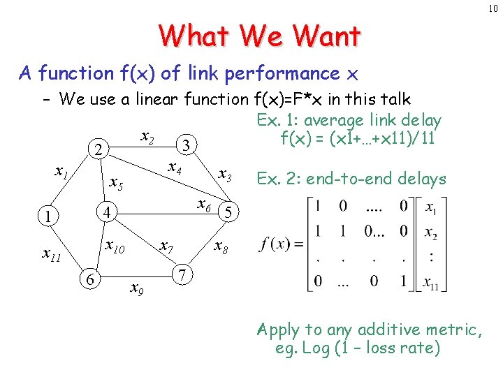 10 What We Want A function f(x) of link performance x – We use