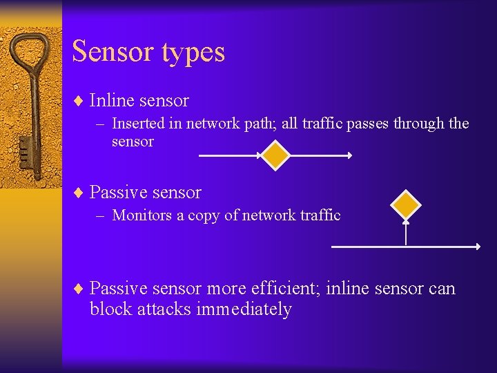 Sensor types ¨ Inline sensor – Inserted in network path; all traffic passes through