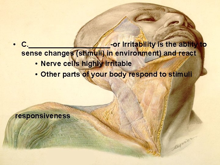 • C. __________ or Irritability is the ablity to sense changes (stimuli) in • C. __________ or Irritability is the ablity to sense changes (stimuli) in